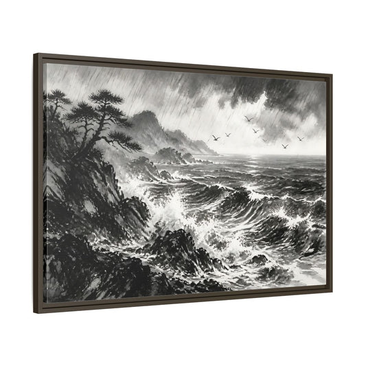 Main Mockup. Storm On The Rocky Coast shown as framed canvas print