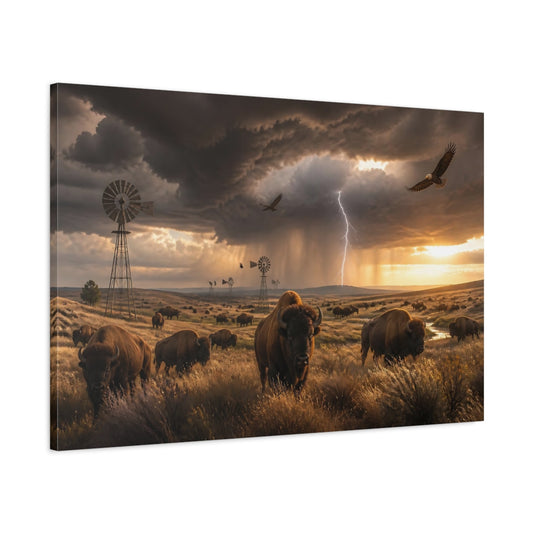 Main Mockup. Storm Over Bison Prairie shown as canvas print