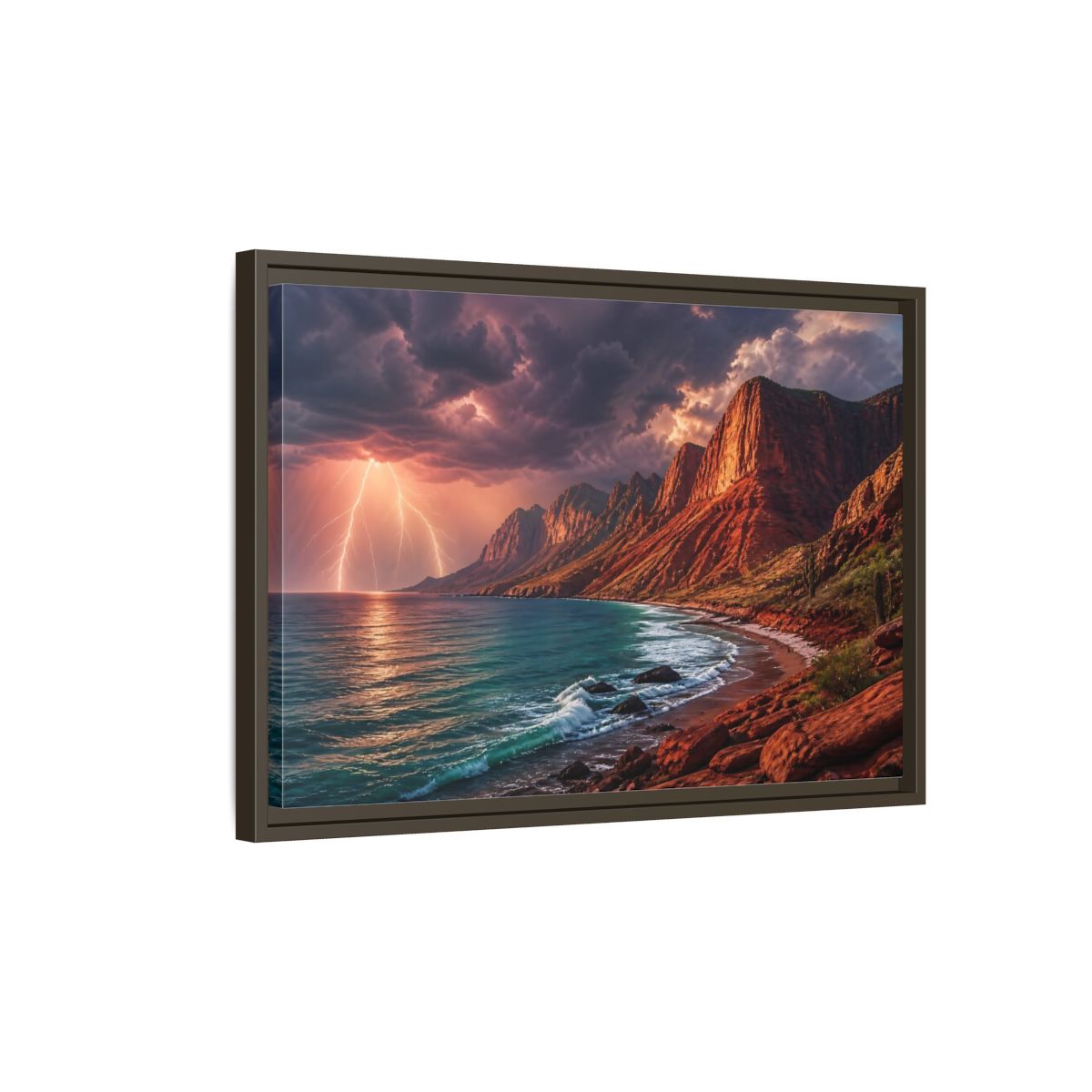 Side Mockup 2. Storm Over Red Cliffs shown as framed canvas print