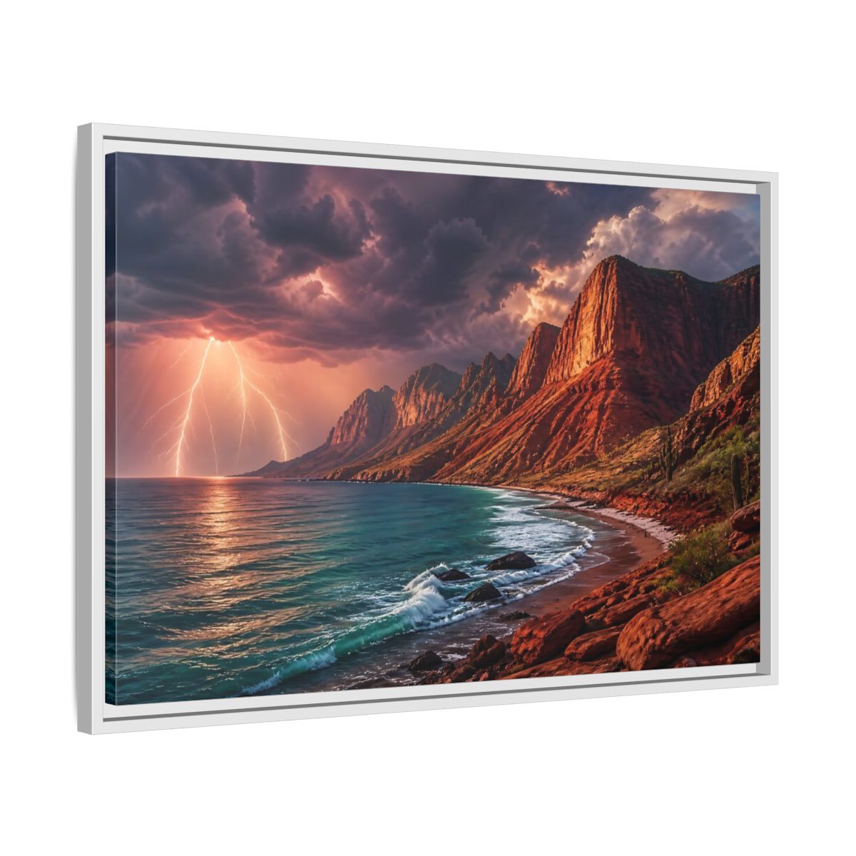Side Mockup 10. Storm Over Red Cliffs shown as framed canvas print