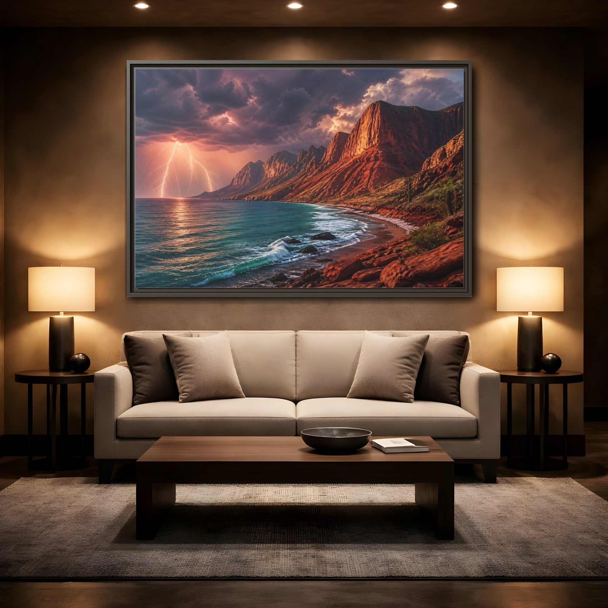 Mockup 2. Storm Over Red Cliffs shown as framed canvas print