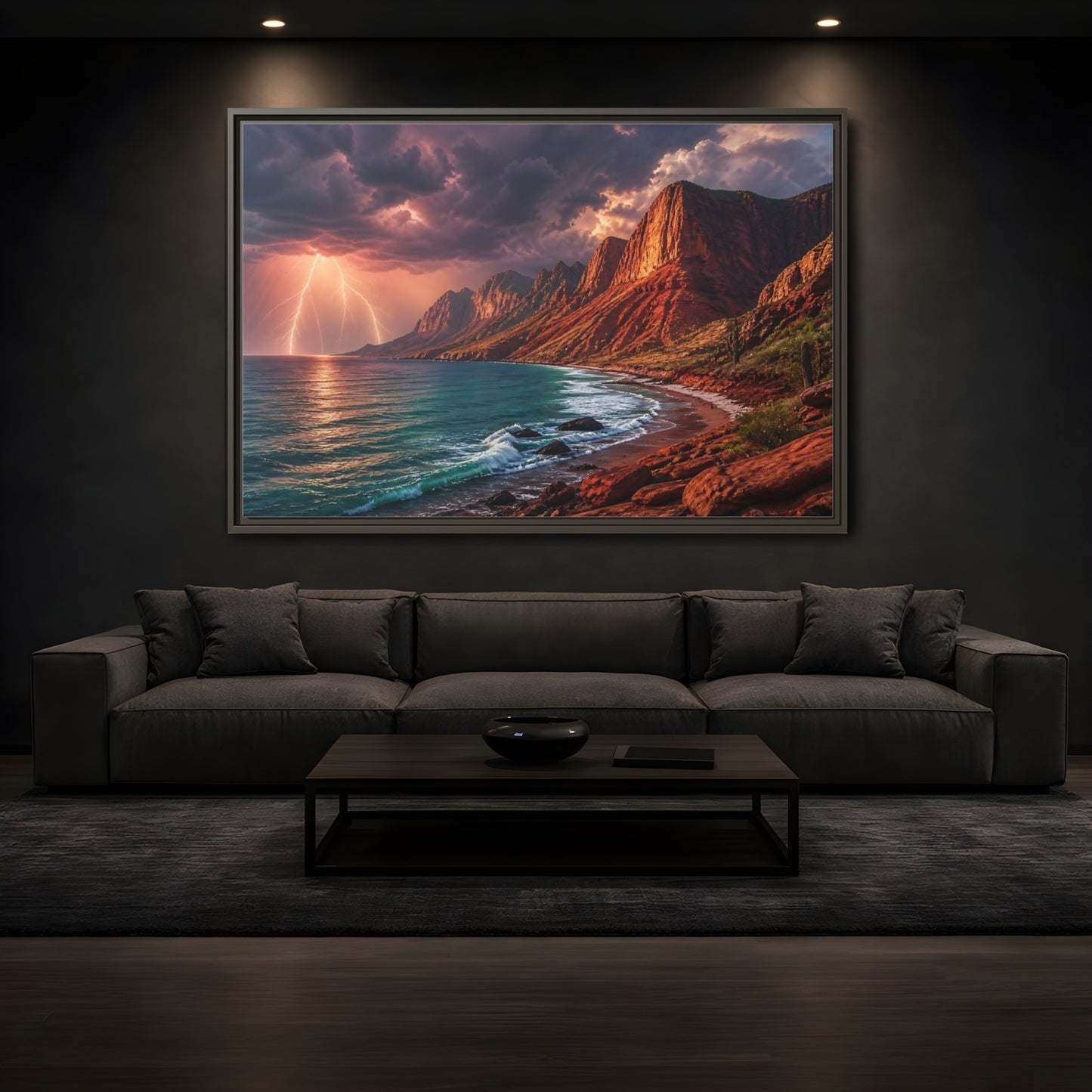 Mockup 3. Storm Over Red Cliffs shown as framed canvas print