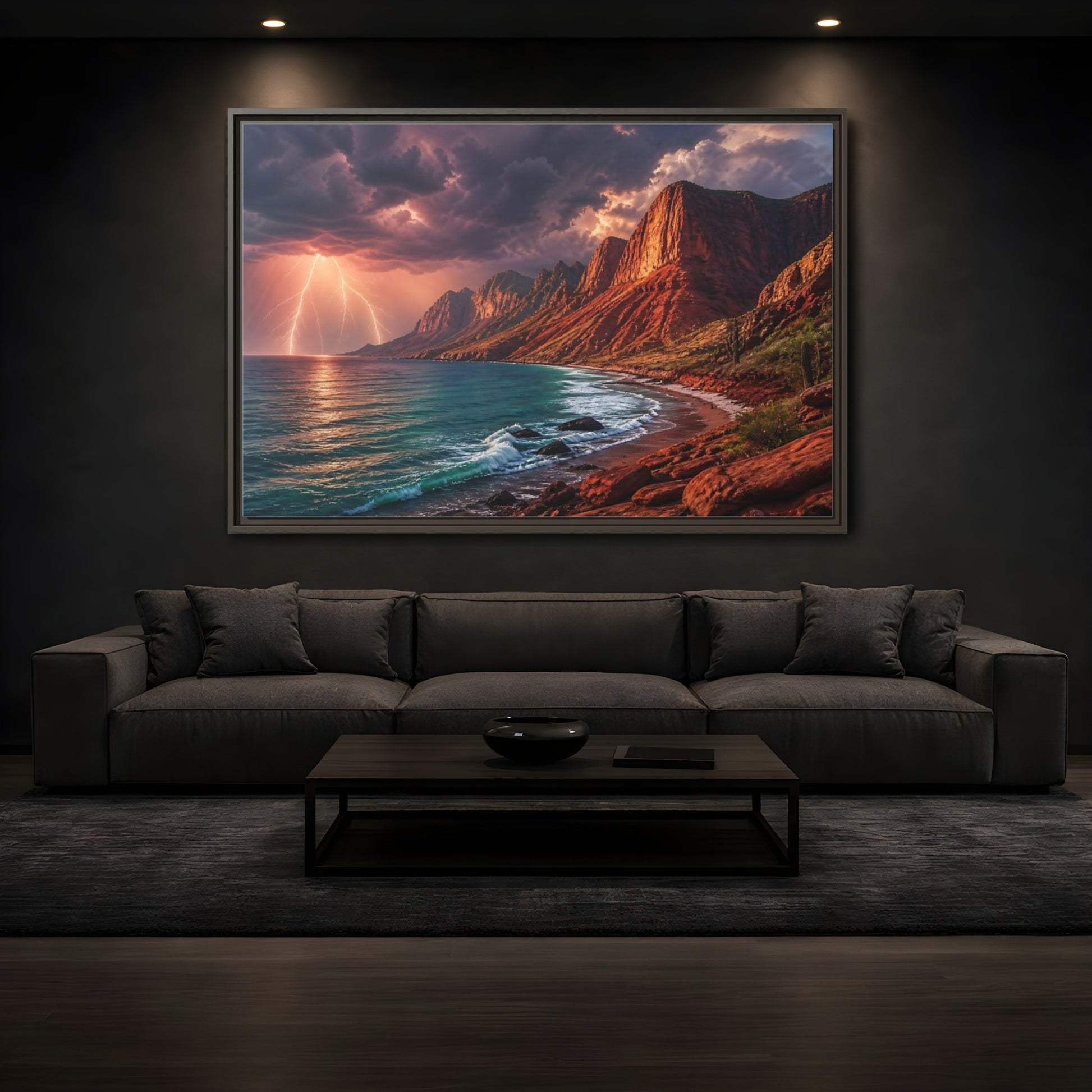 Mockup 3. Storm Over Red Cliffs shown as framed canvas print