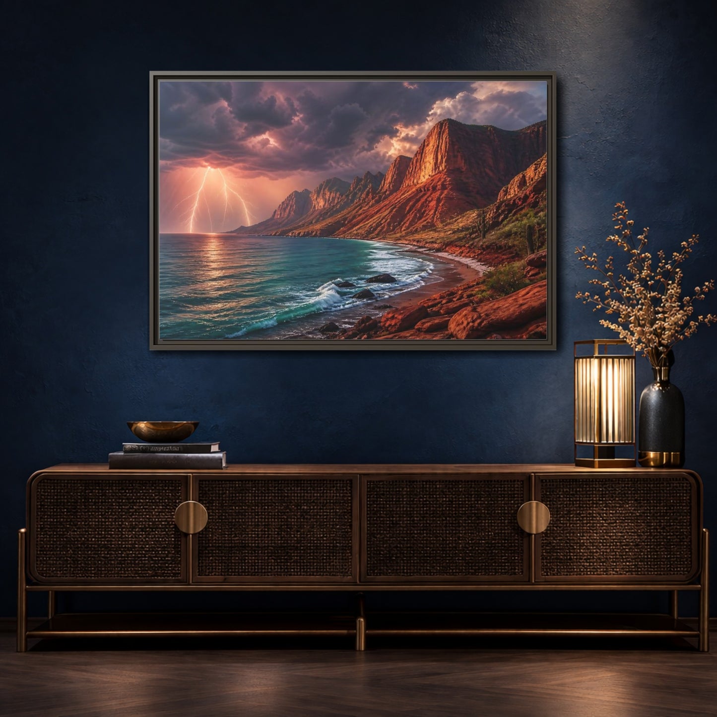 Mockup 4. Storm Over Red Cliffs shown as framed canvas print