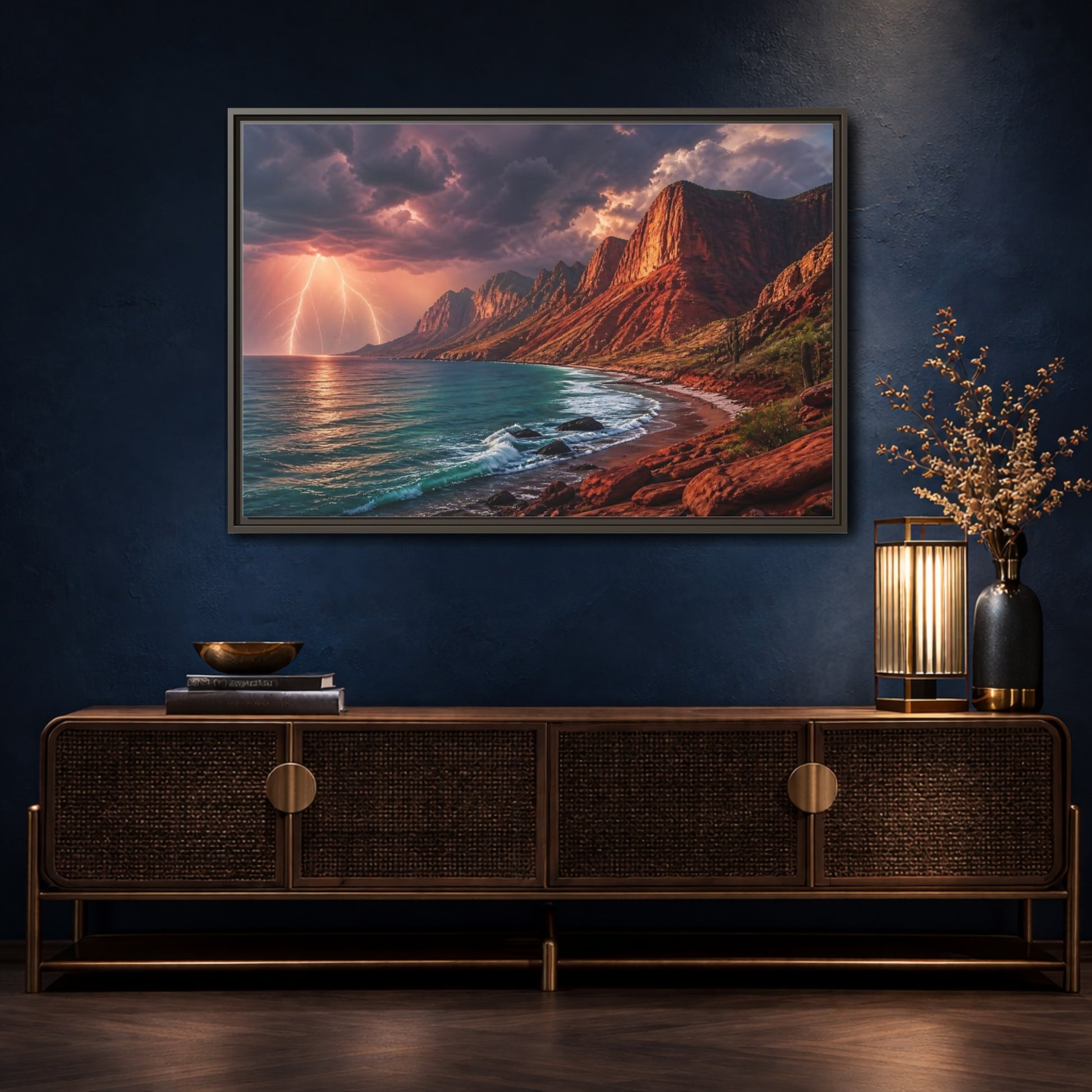 Mockup 4. Storm Over Red Cliffs shown as framed canvas print