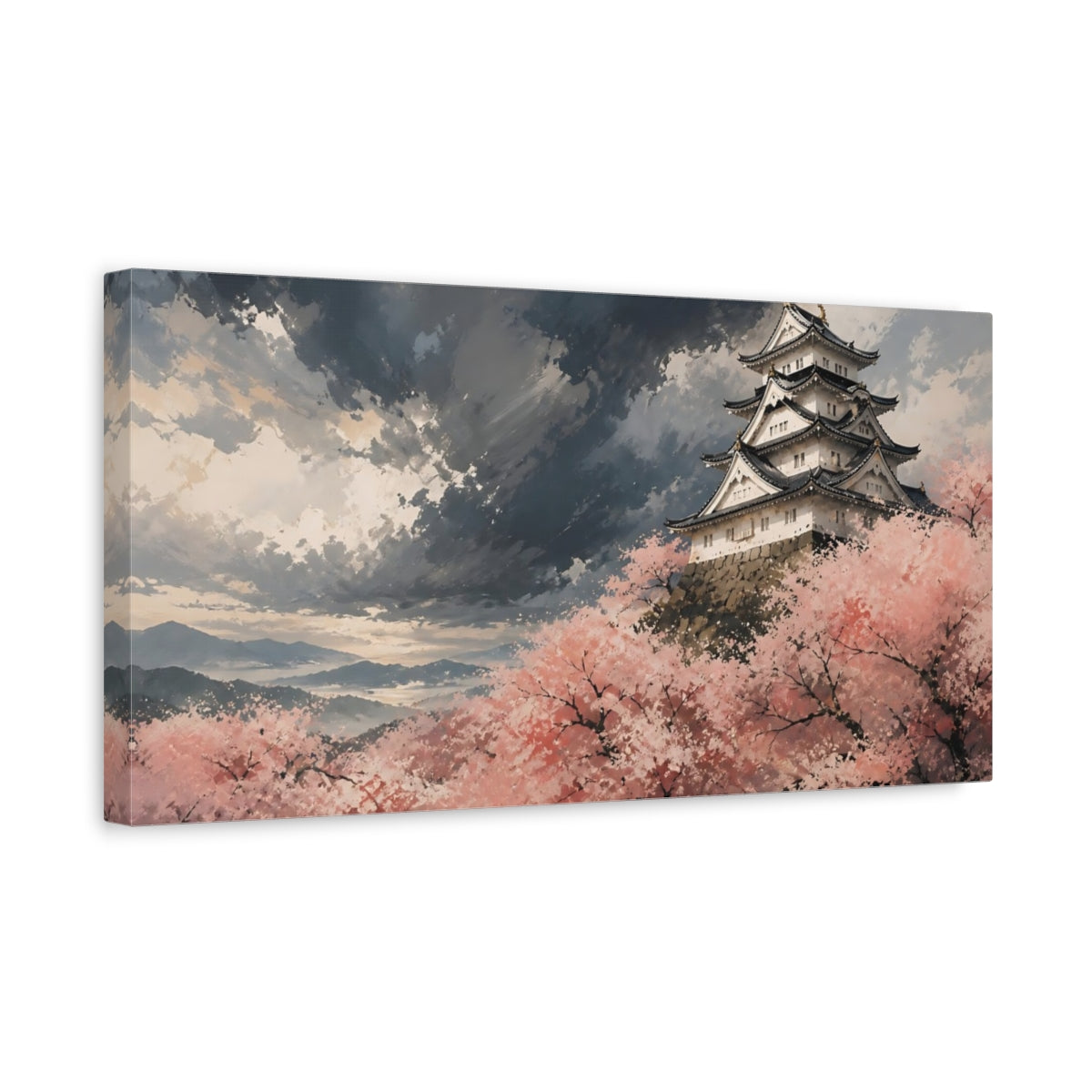 Side Mockup 3. Storm Over Sakura Castle shown as canvas print