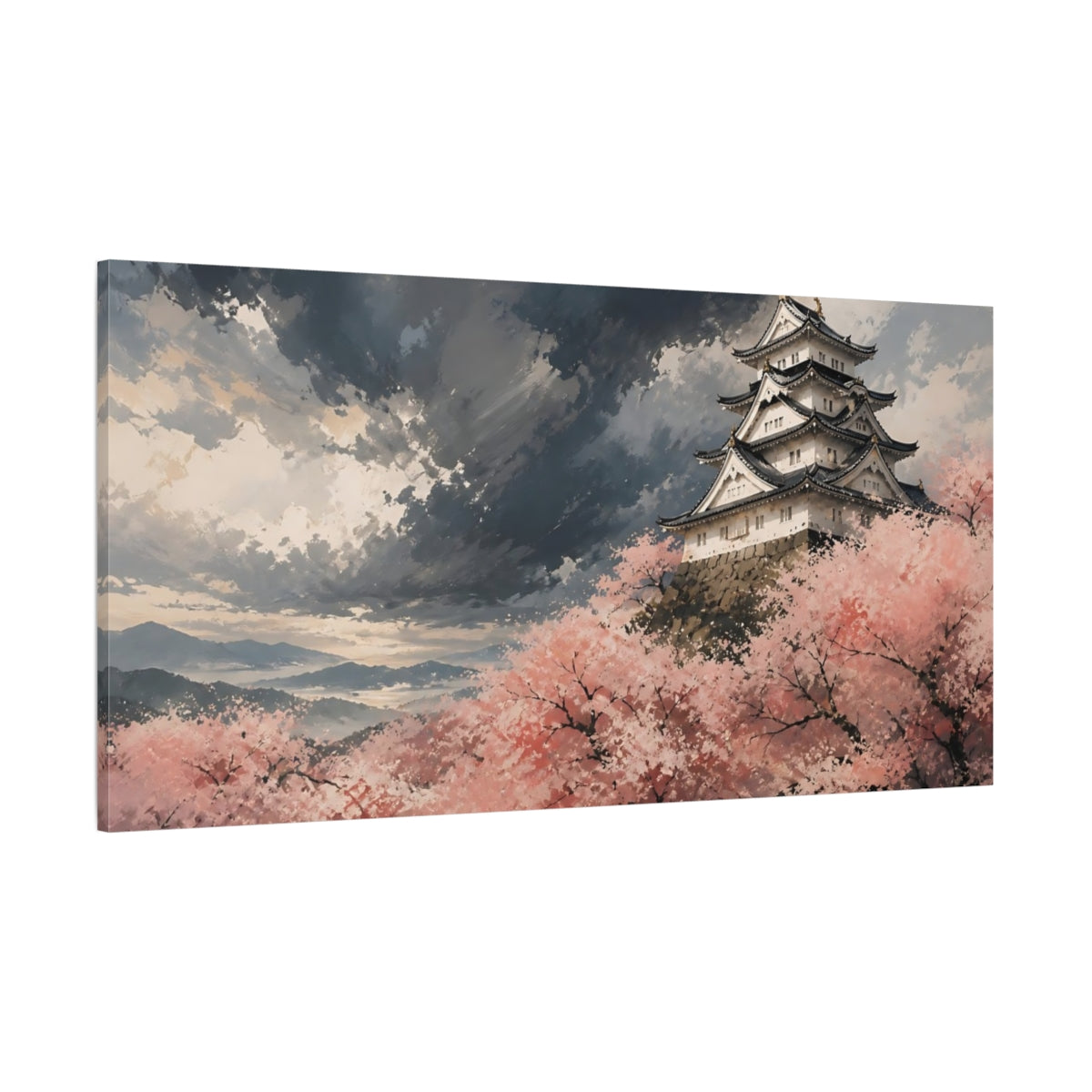 Side Mockup 2. Storm Over Sakura Castle shown as canvas print