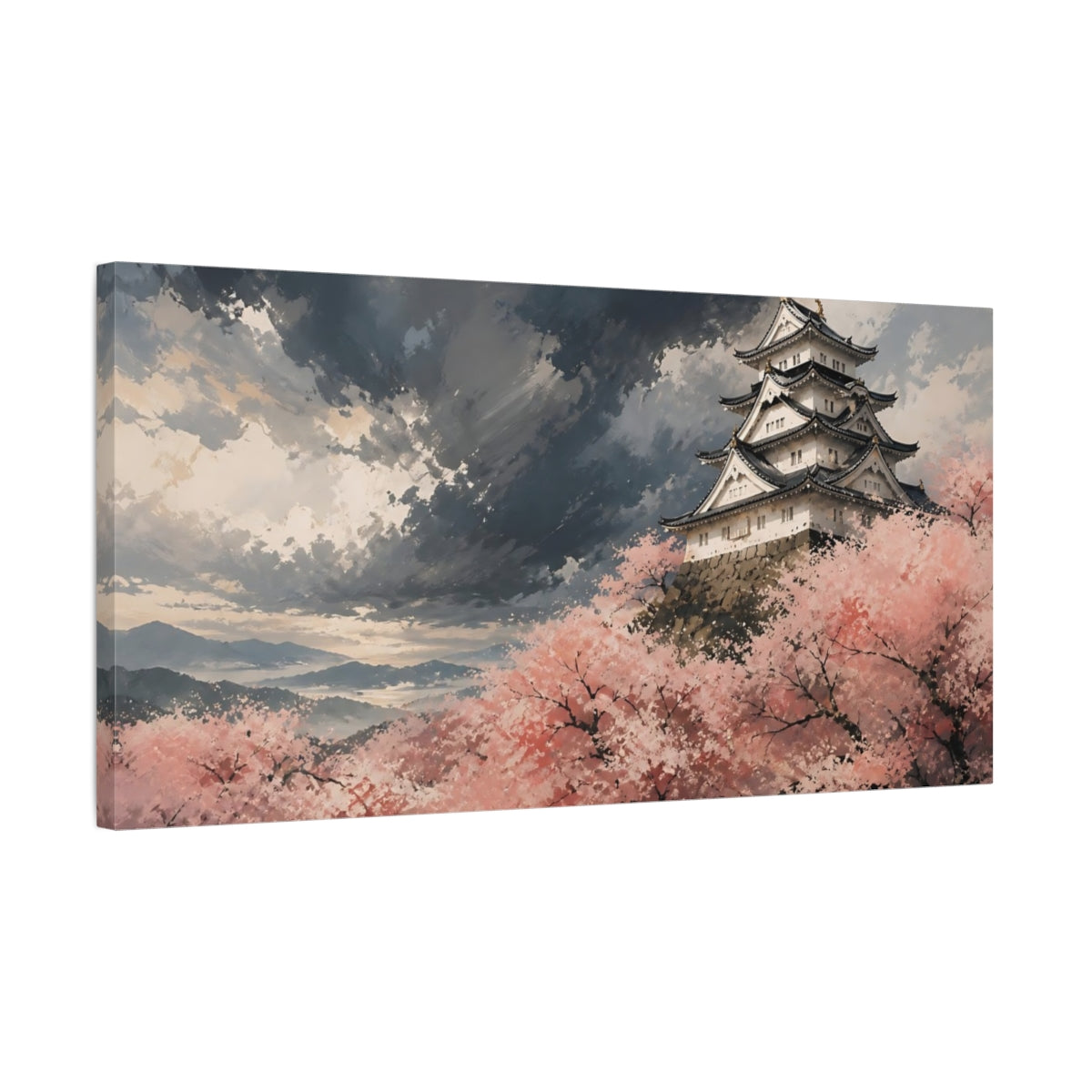 Side Mockup 1. Storm Over Sakura Castle shown as canvas print