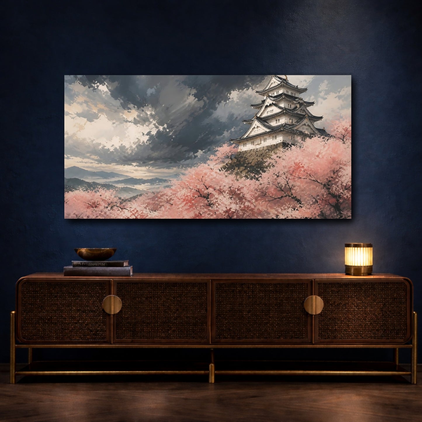 Mockup 4. Storm Over Sakura Castle shown as canvas print