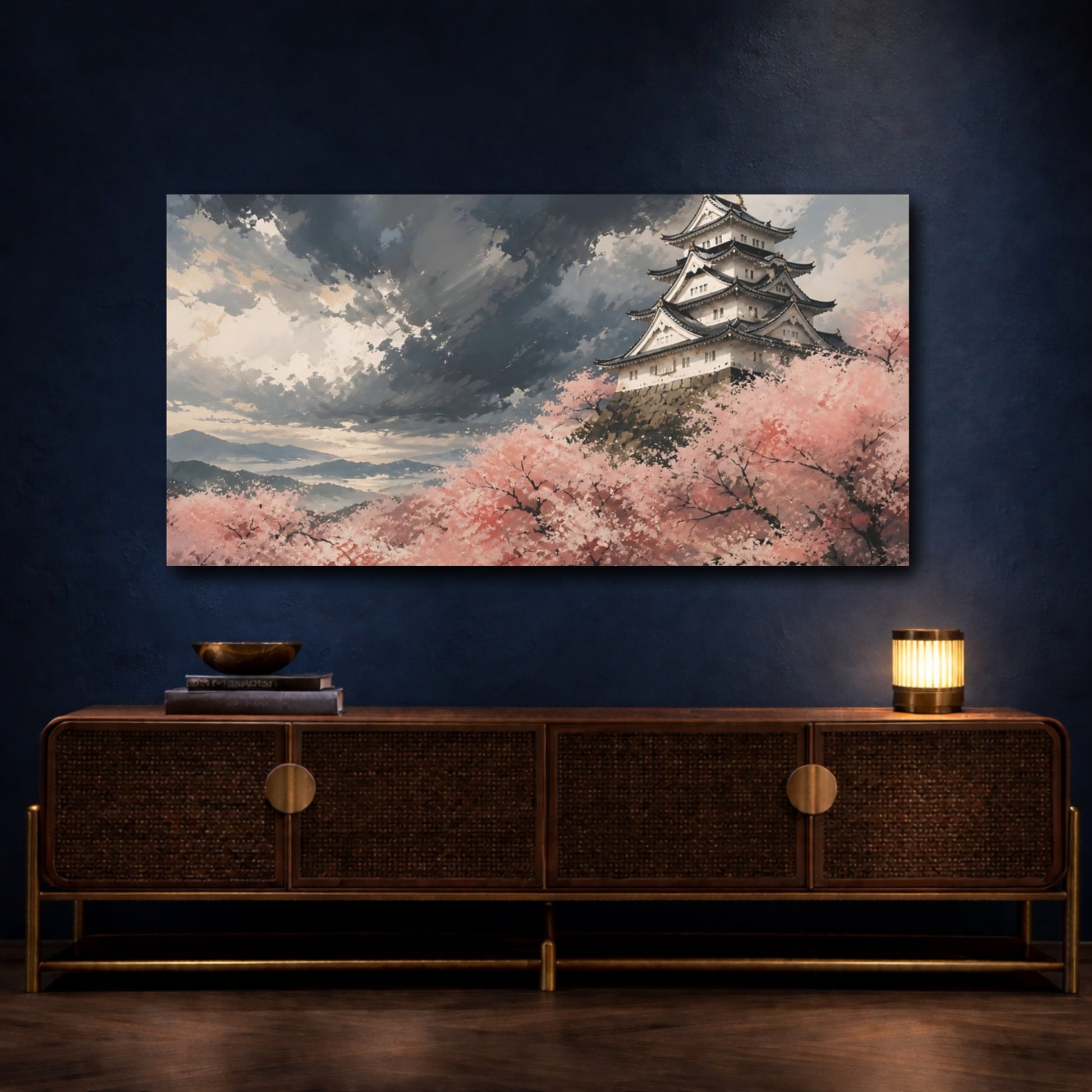 Mockup 4. Storm Over Sakura Castle shown as canvas print