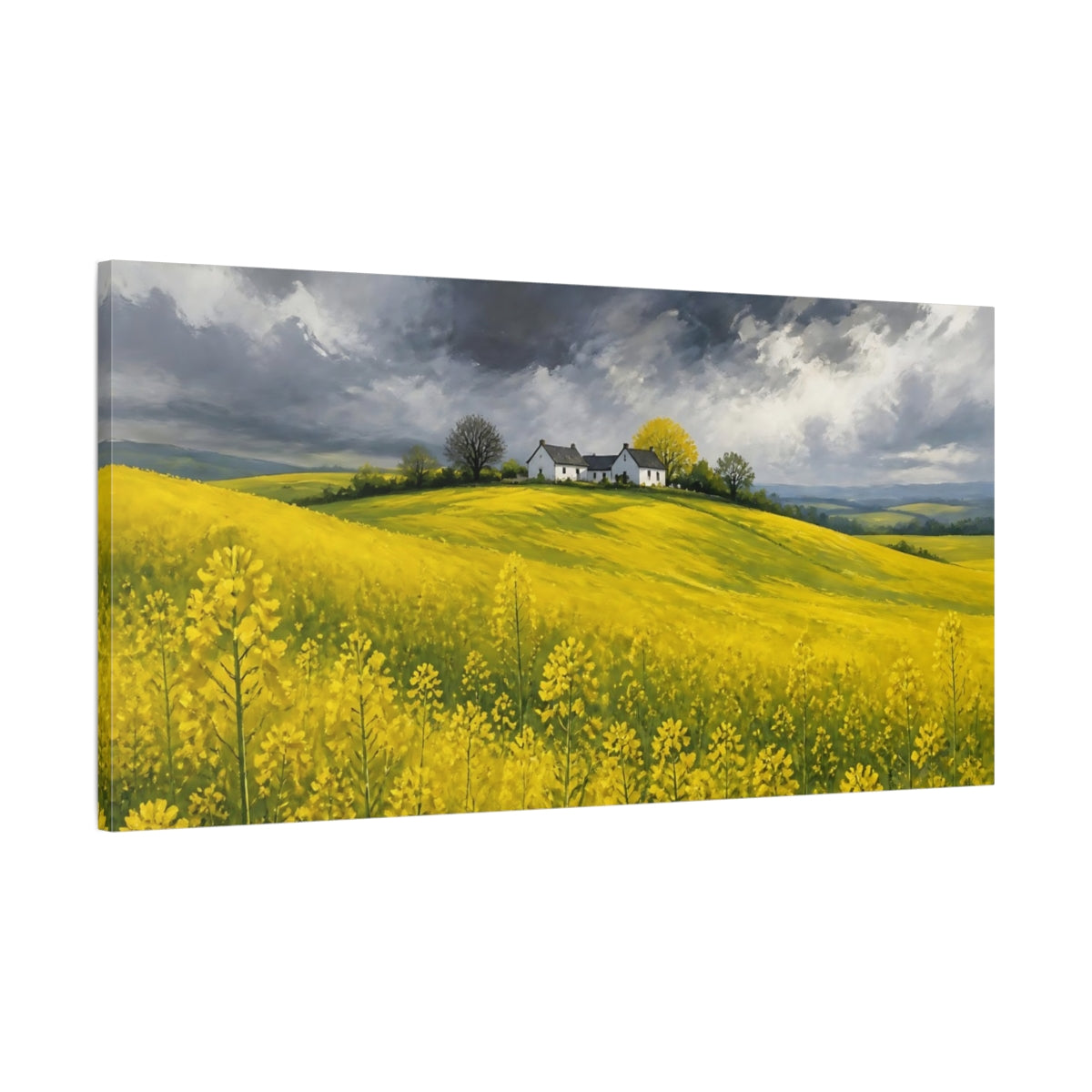 Main Mockup. Storm Over Yellow Fields shown as canvas print