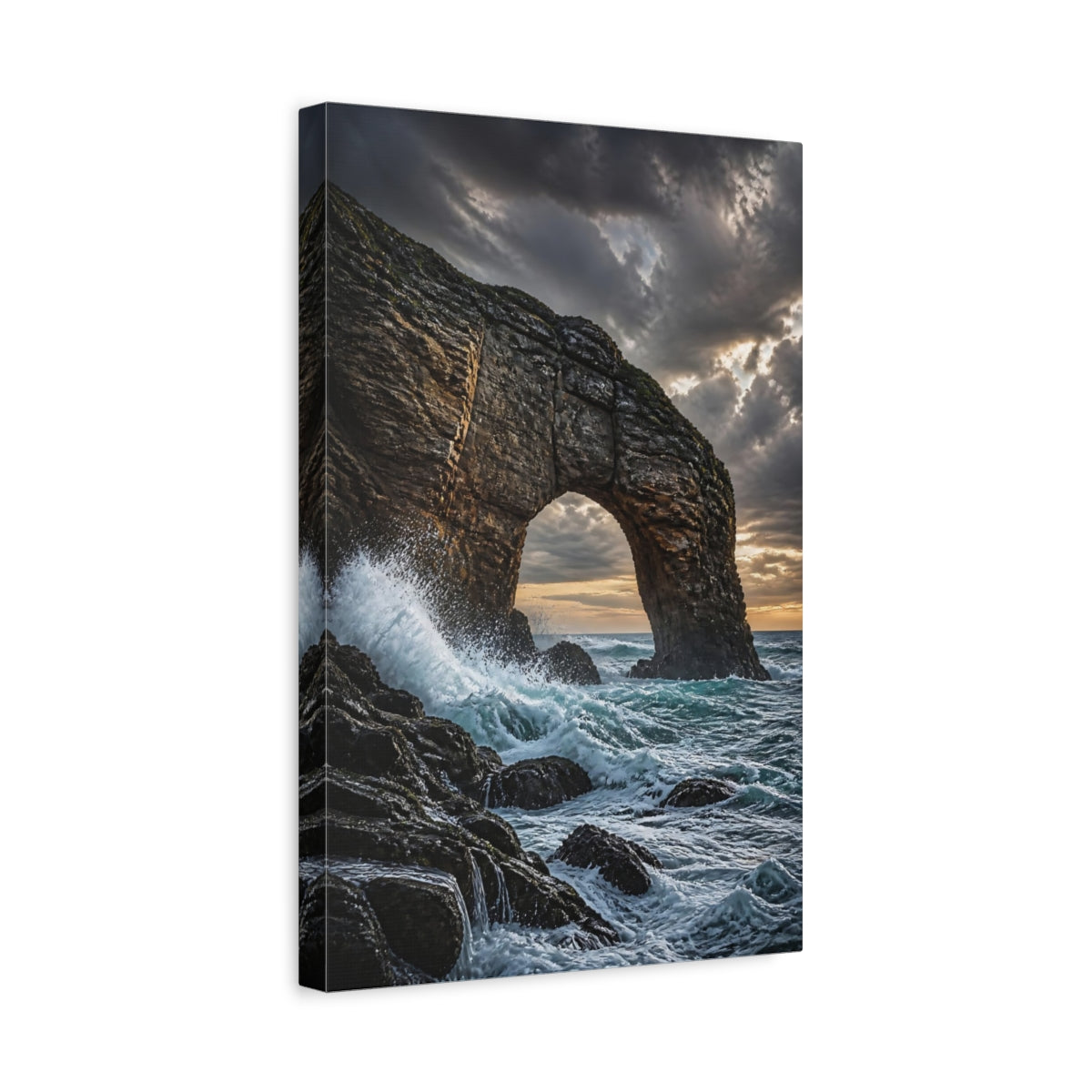 Side Mockup 4. Stormy Coastal Sea Arch shown as canvas print