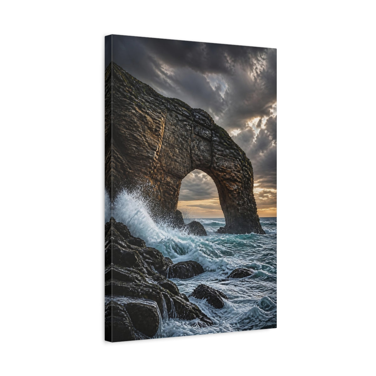 Side Mockup 3. Stormy Coastal Sea Arch shown as canvas print