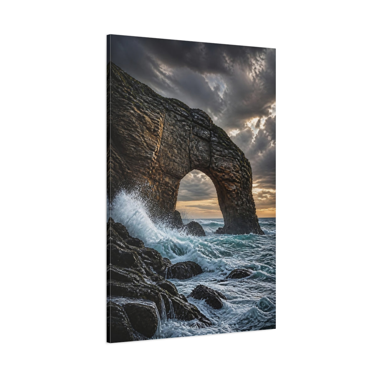Side Mockup 1. Stormy Coastal Sea Arch shown as canvas print
