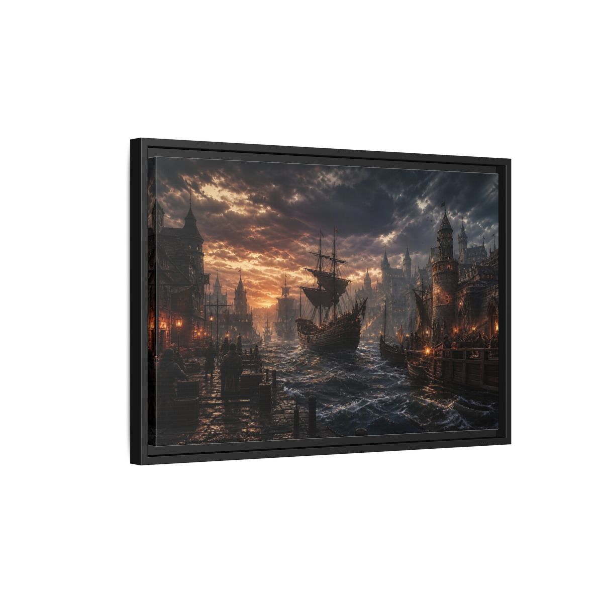 Side Mockup 3. Stormy Medieval Harbor At Dusk shown as framed canvas print