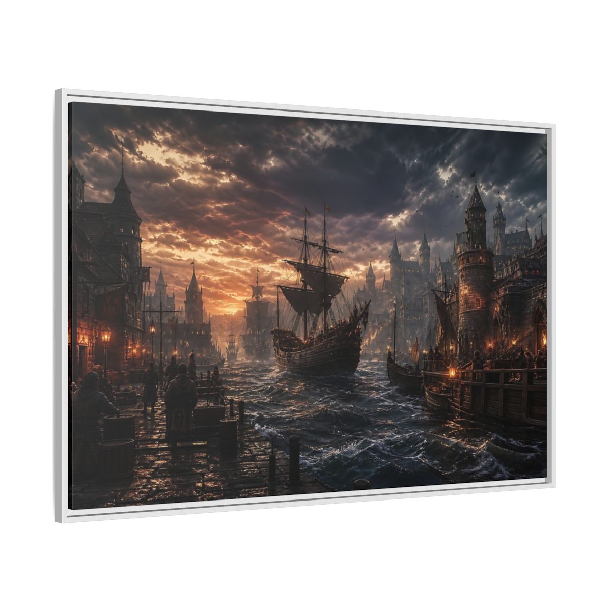 Side Mockup 7. Stormy Medieval Harbor At Dusk shown as framed canvas print