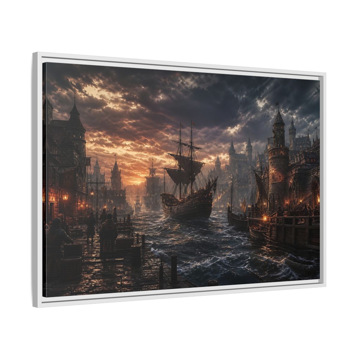 Side Mockup 9. Stormy Medieval Harbor At Dusk shown as framed canvas print
