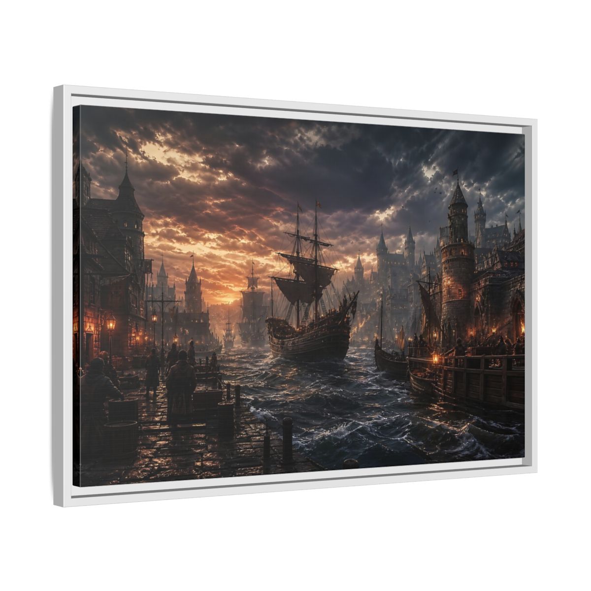 Side Mockup 10. Stormy Medieval Harbor At Dusk shown as framed canvas print