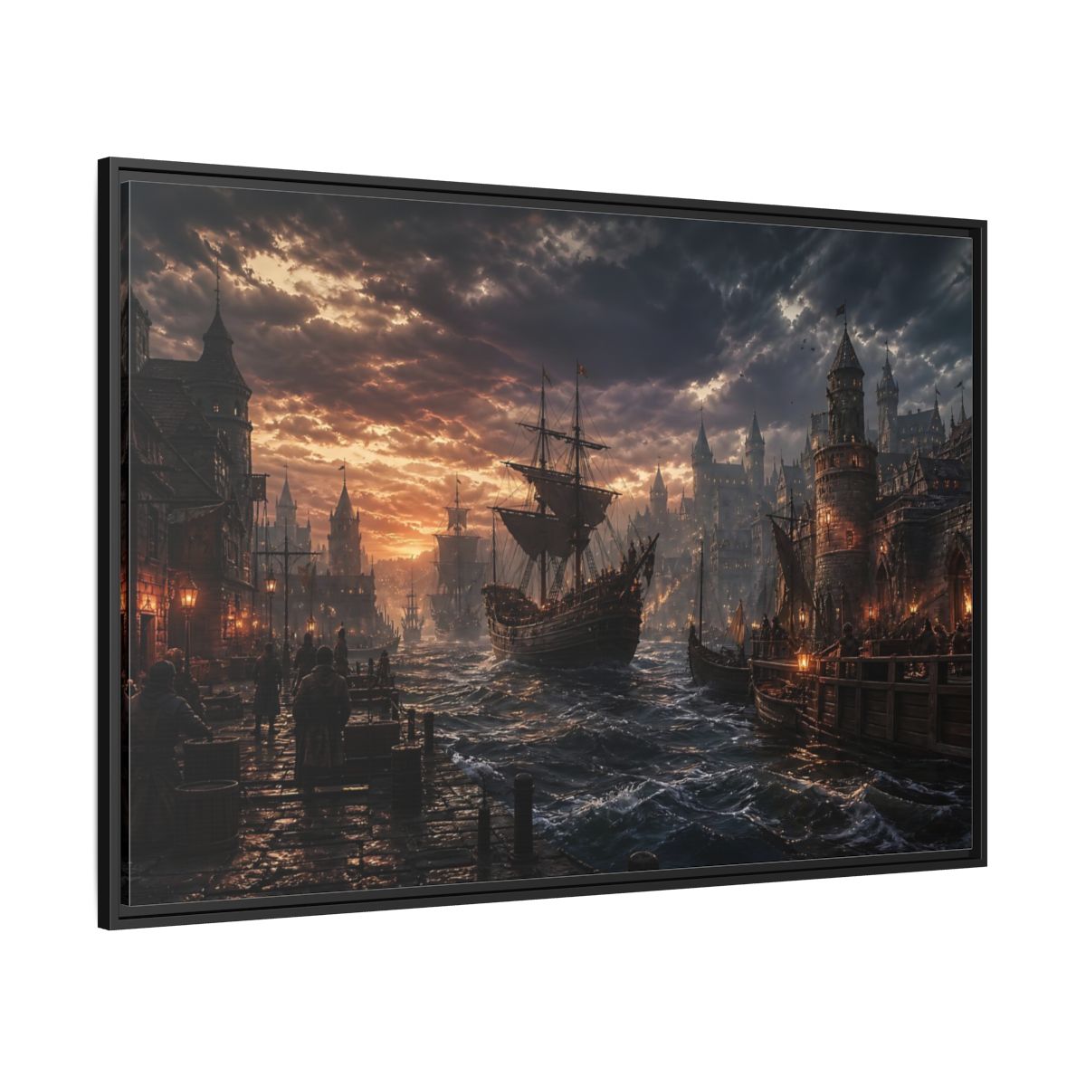 Side Mockup 12. Stormy Medieval Harbor At Dusk shown as framed canvas print
