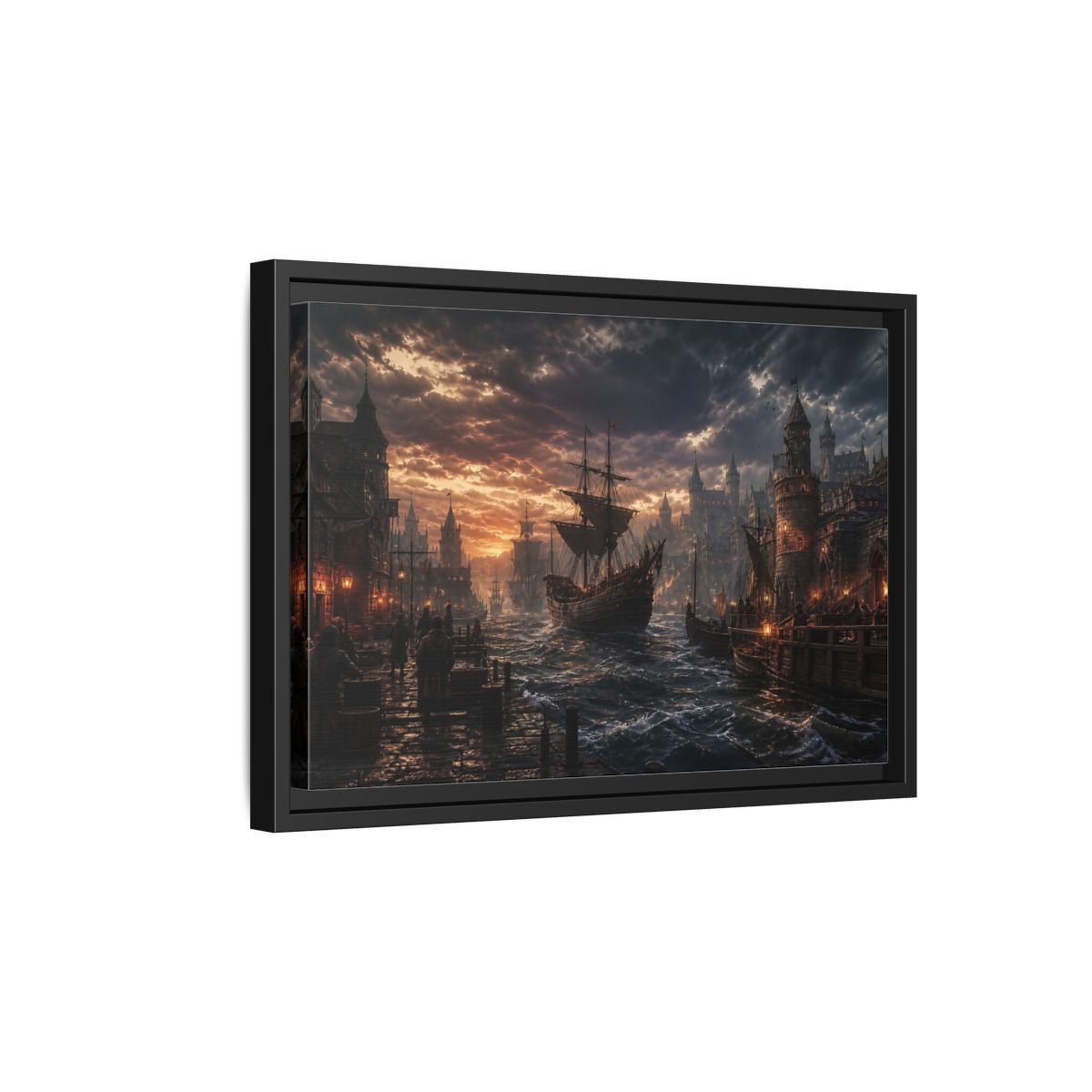 Side Mockup 6. Stormy Medieval Harbor At Dusk shown as framed canvas print