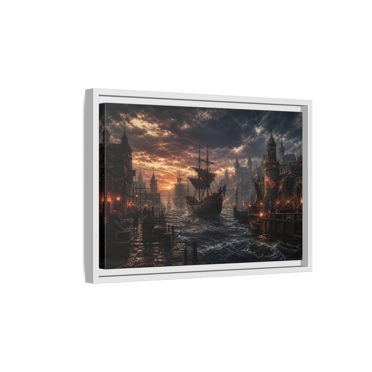 Side Mockup 4. Stormy Medieval Harbor At Dusk shown as framed canvas print