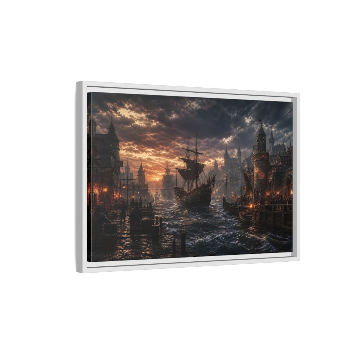 Side Mockup 1. Stormy Medieval Harbor At Dusk shown as framed canvas print