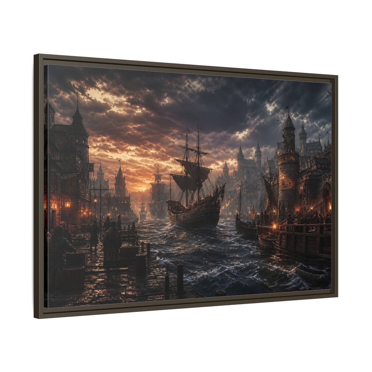 Main Mockup. Stormy Medieval Harbor At Dusk shown as framed canvas print