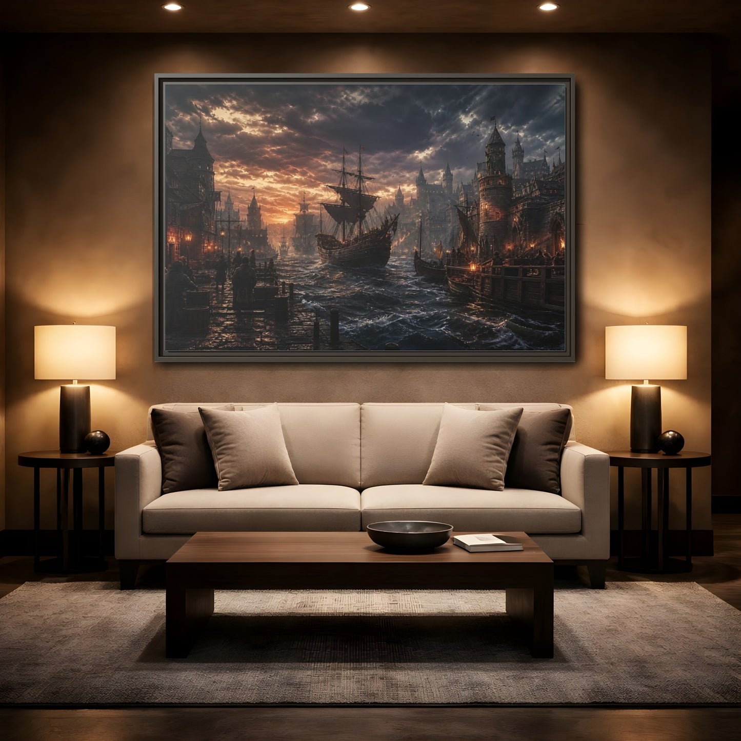 Mockup 2. Stormy Medieval Harbor At Dusk shown as framed canvas print