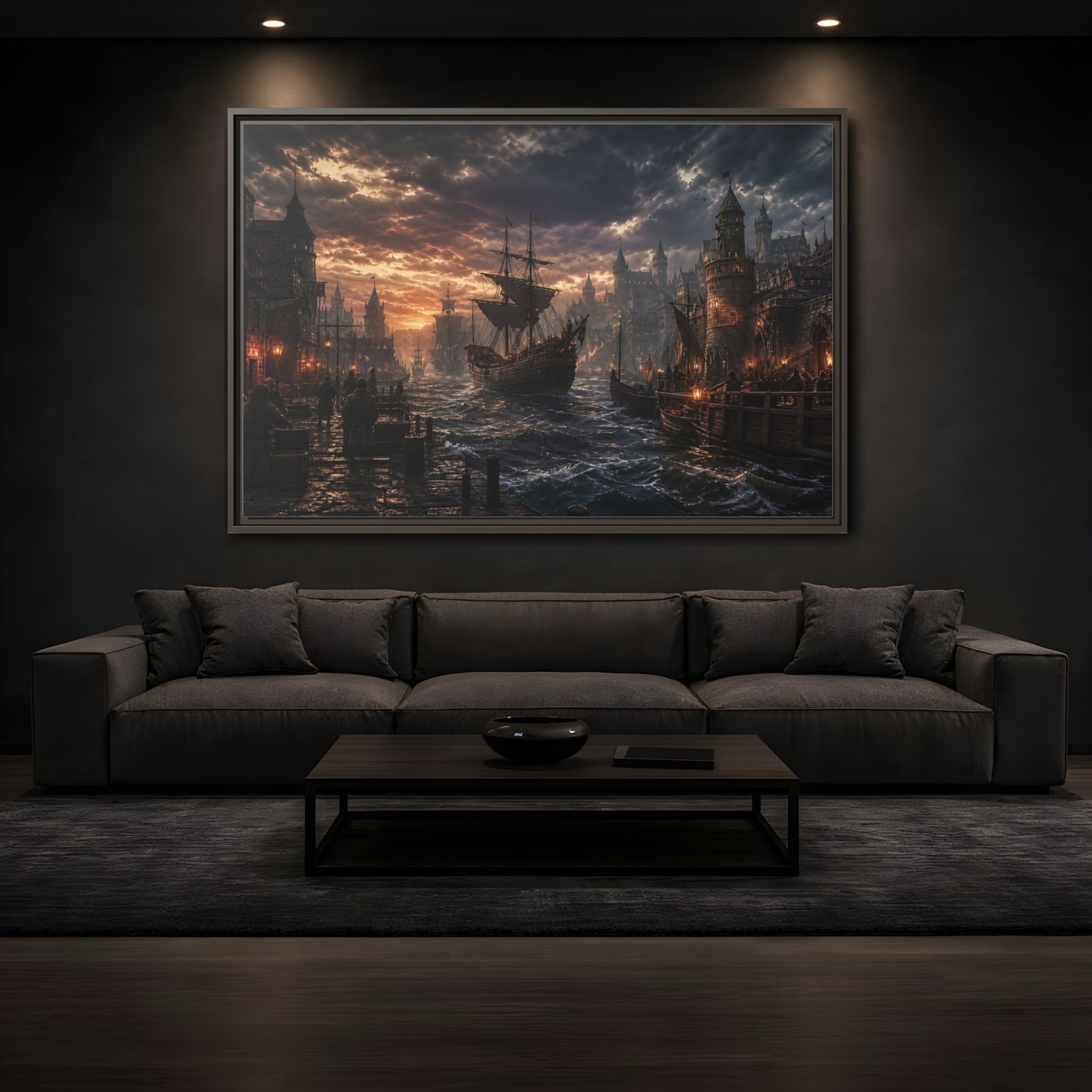 Mockup 3. Stormy Medieval Harbor At Dusk shown as framed canvas print