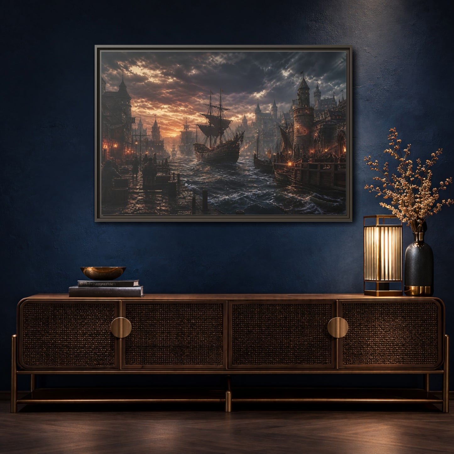 Mockup 4. Stormy Medieval Harbor At Dusk shown as framed canvas print