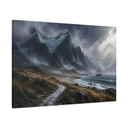 Main Mockup. Stormy Mountain Landscape With Ship shown as canvas print