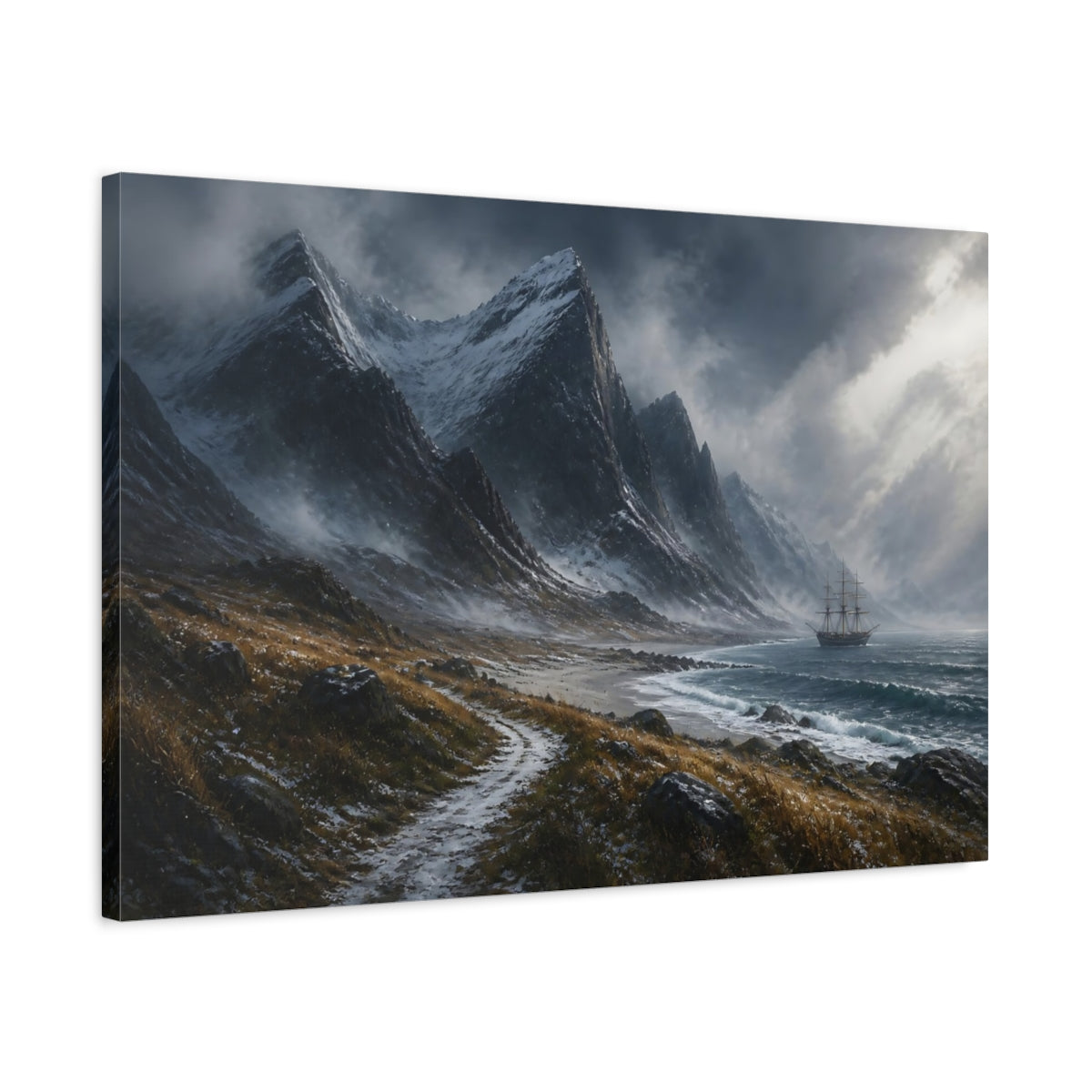 Side Mockup 2. Stormy Mountain Landscape With Ship shown as canvas print