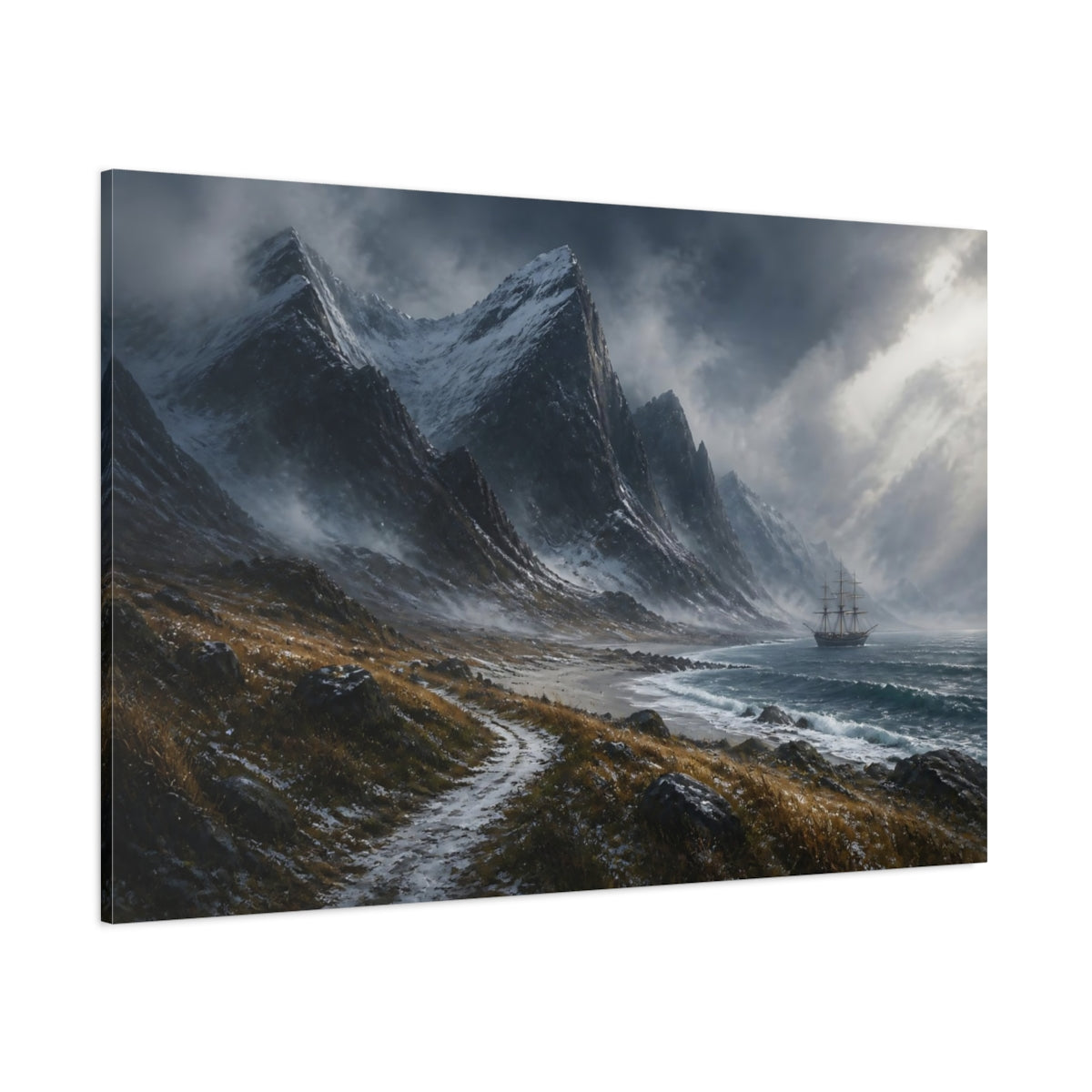 Side Mockup 1. Stormy Mountain Landscape With Ship shown as canvas print