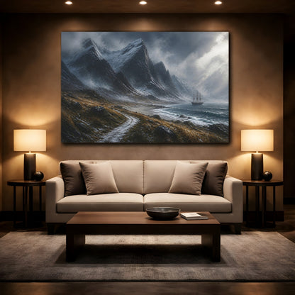 Mockup 2. Stormy Mountain Landscape With Ship shown as canvas print