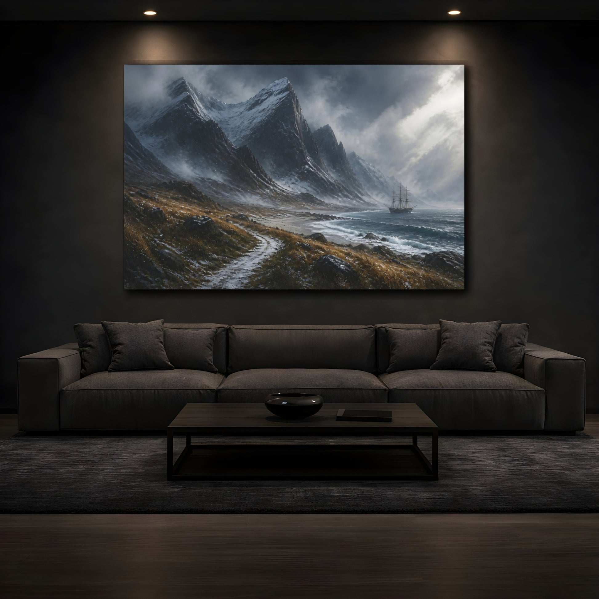 Mockup 3. Stormy Mountain Landscape With Ship shown as canvas print