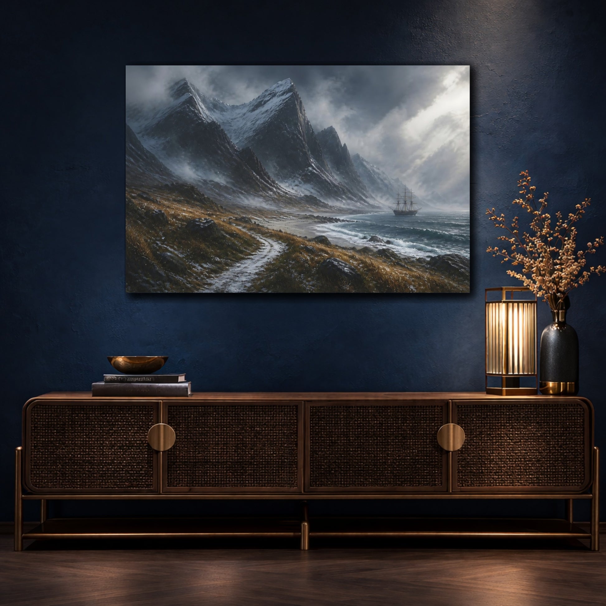 Mockup 4. Stormy Mountain Landscape With Ship shown as canvas print