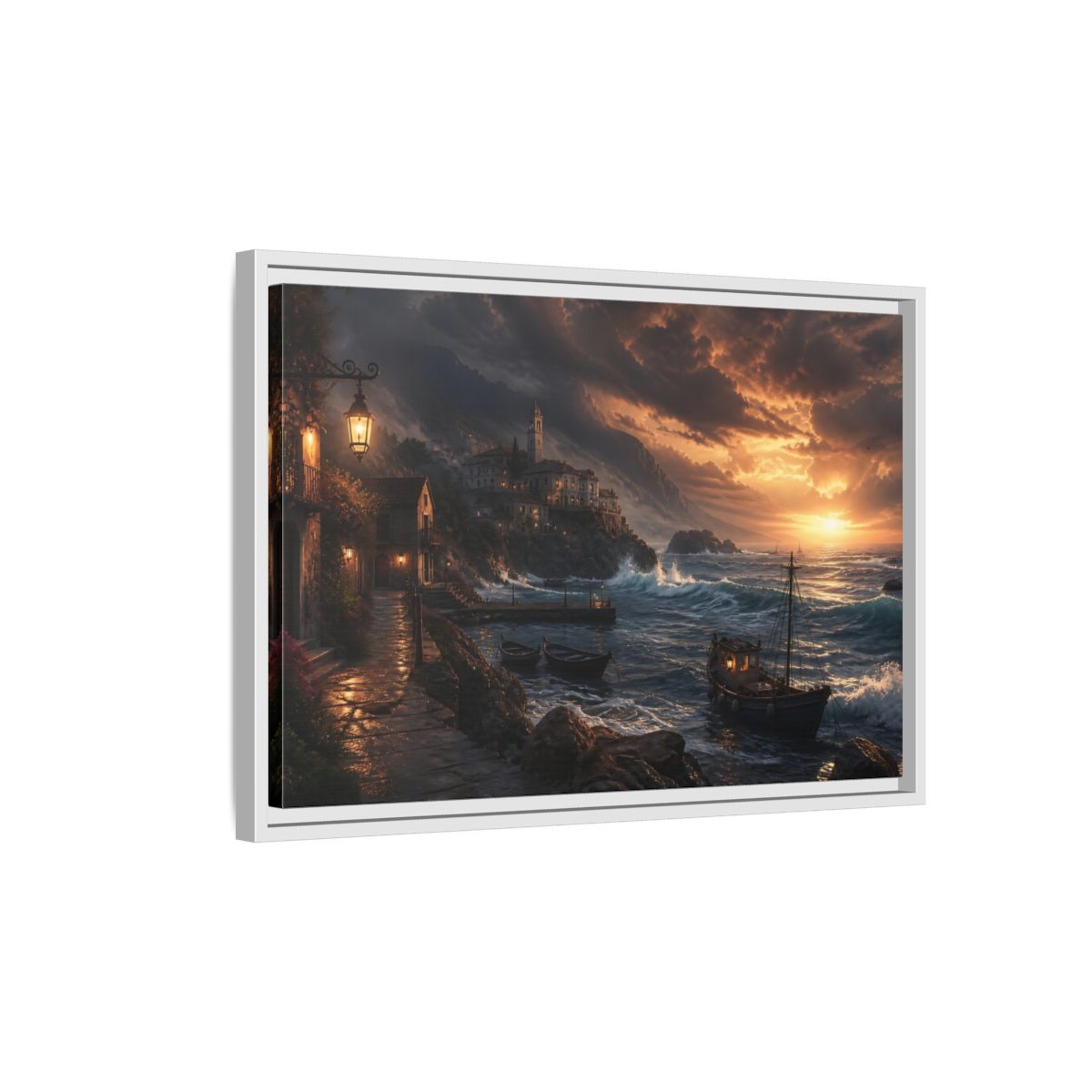 Side Mockup 1. Stormy Sunset Coastal Village shown as framed canvas print