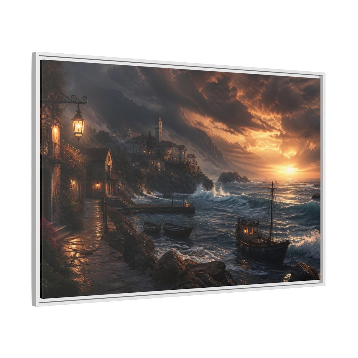 Side Mockup 7. Stormy Sunset Coastal Village shown as framed canvas print