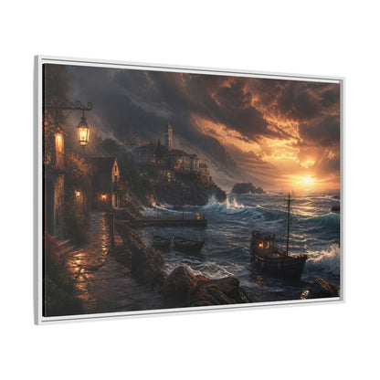 Side Mockup 7. Stormy Sunset Coastal Village shown as framed canvas print