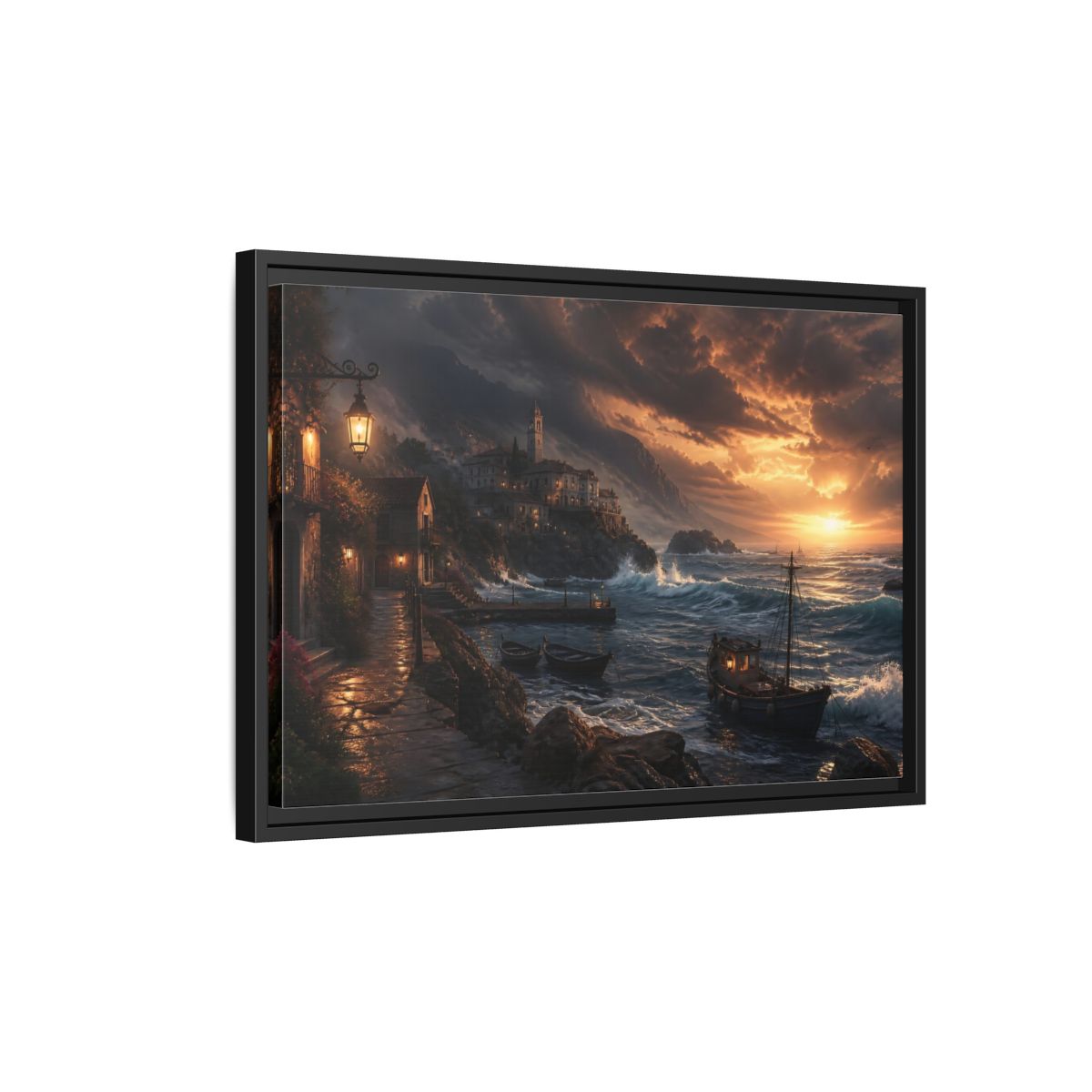 Side Mockup 3. Stormy Sunset Coastal Village shown as framed canvas print
