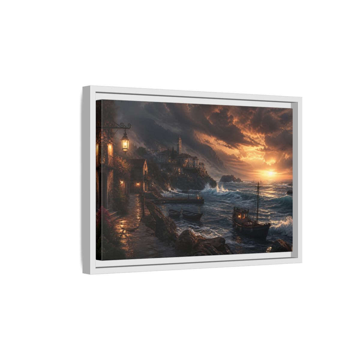 Side Mockup 4. Stormy Sunset Coastal Village shown as framed canvas print