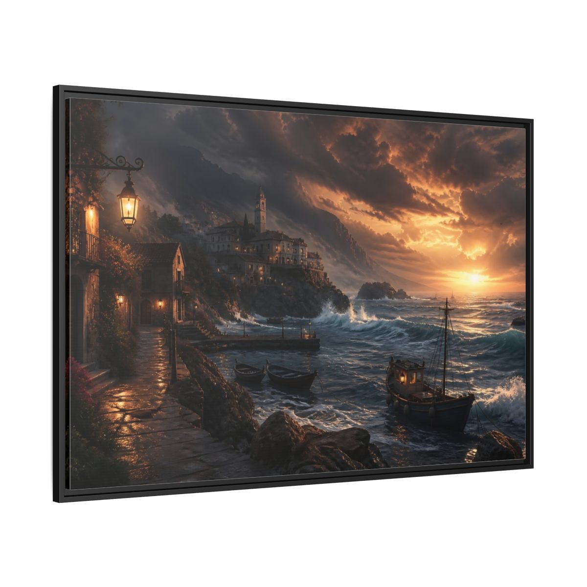 Side Mockup 12. Stormy Sunset Coastal Village shown as framed canvas print