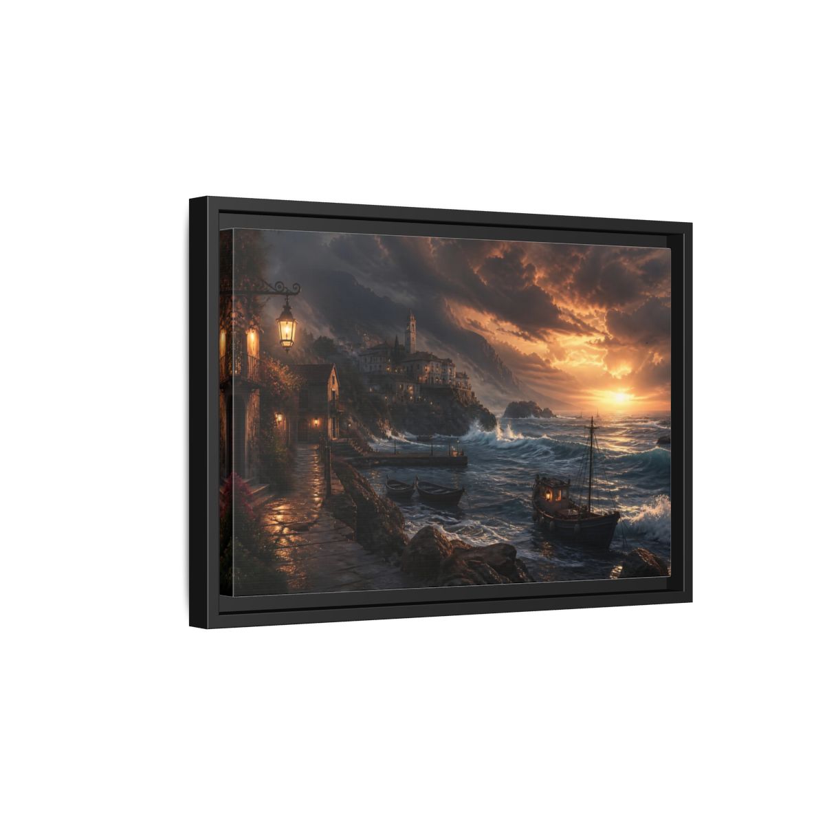 Side Mockup 6. Stormy Sunset Coastal Village shown as framed canvas print