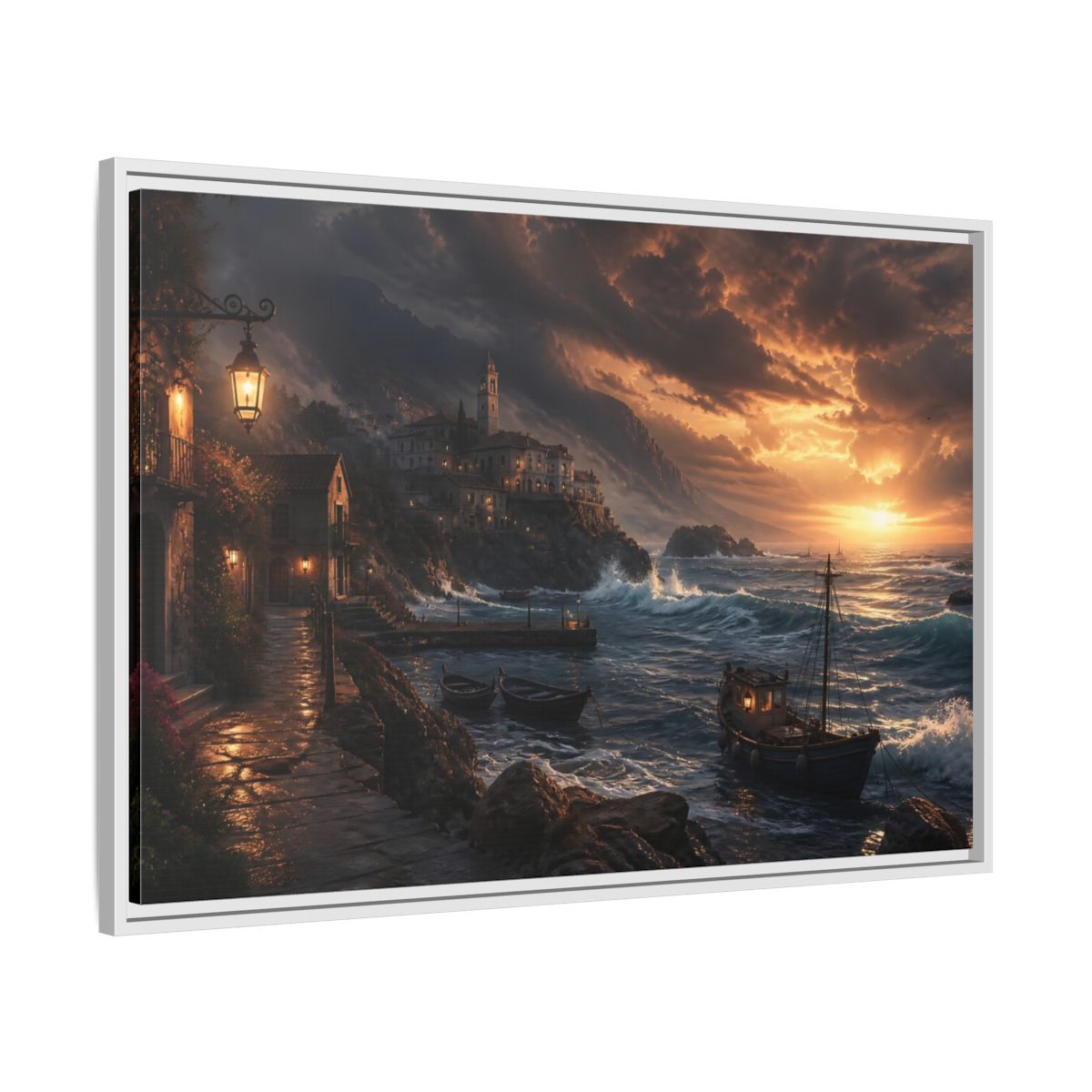 Side Mockup 9. Stormy Sunset Coastal Village shown as framed canvas print