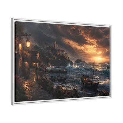 Side Mockup 9. Stormy Sunset Coastal Village shown as framed canvas print