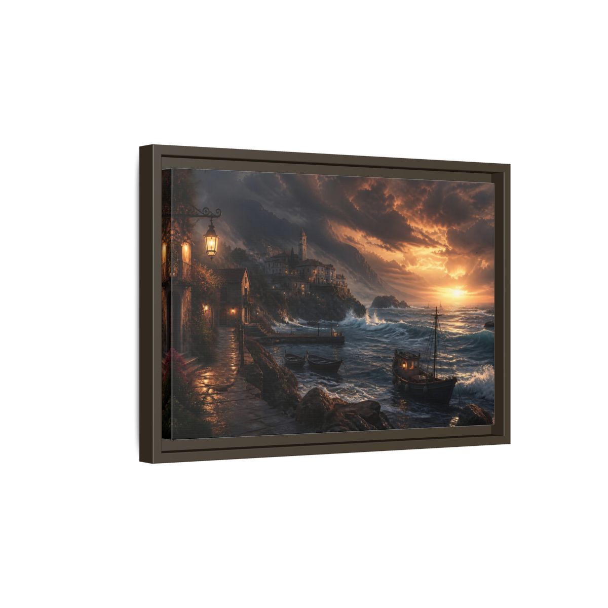 Side Mockup 5. Stormy Sunset Coastal Village shown as framed canvas print