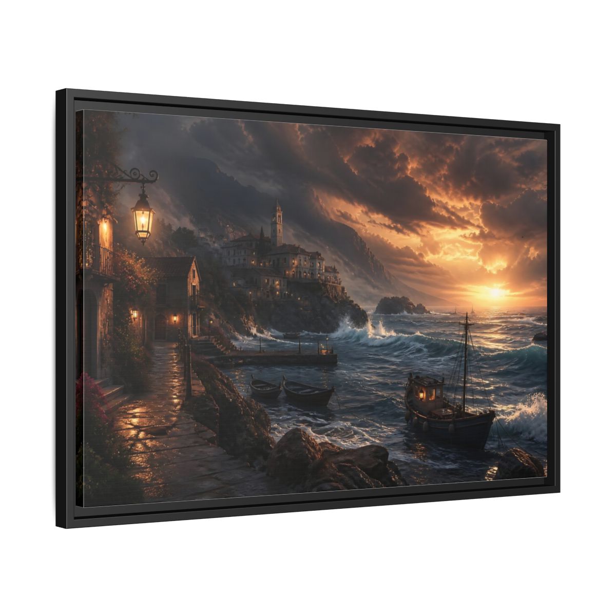 Side Mockup 14. Stormy Sunset Coastal Village shown as framed canvas print