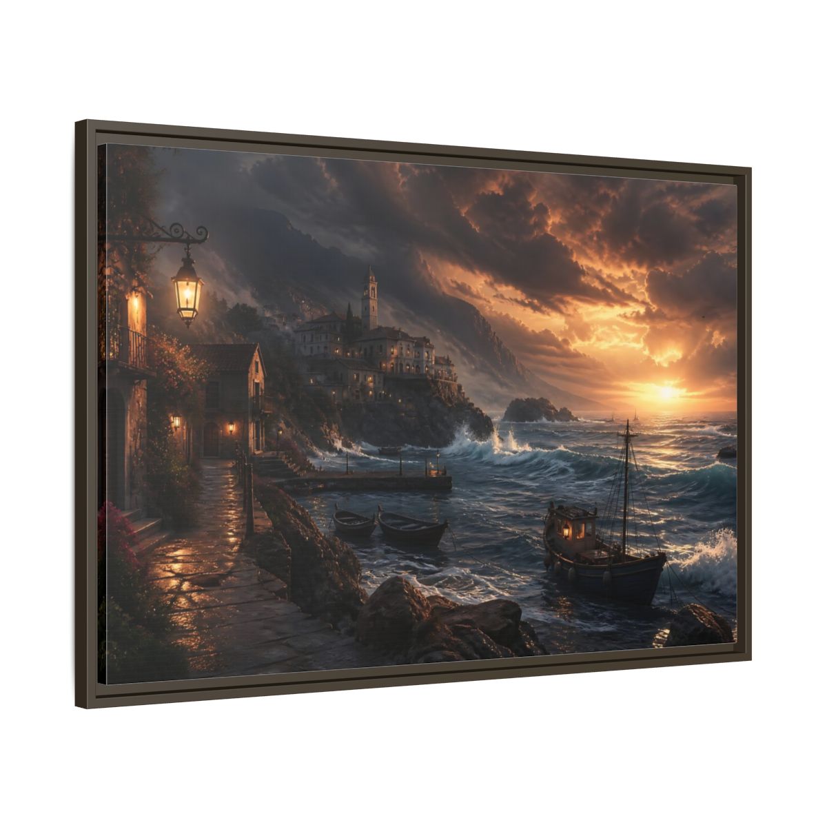 Main Mockup. Stormy Sunset Coastal Village shown as framed canvas print