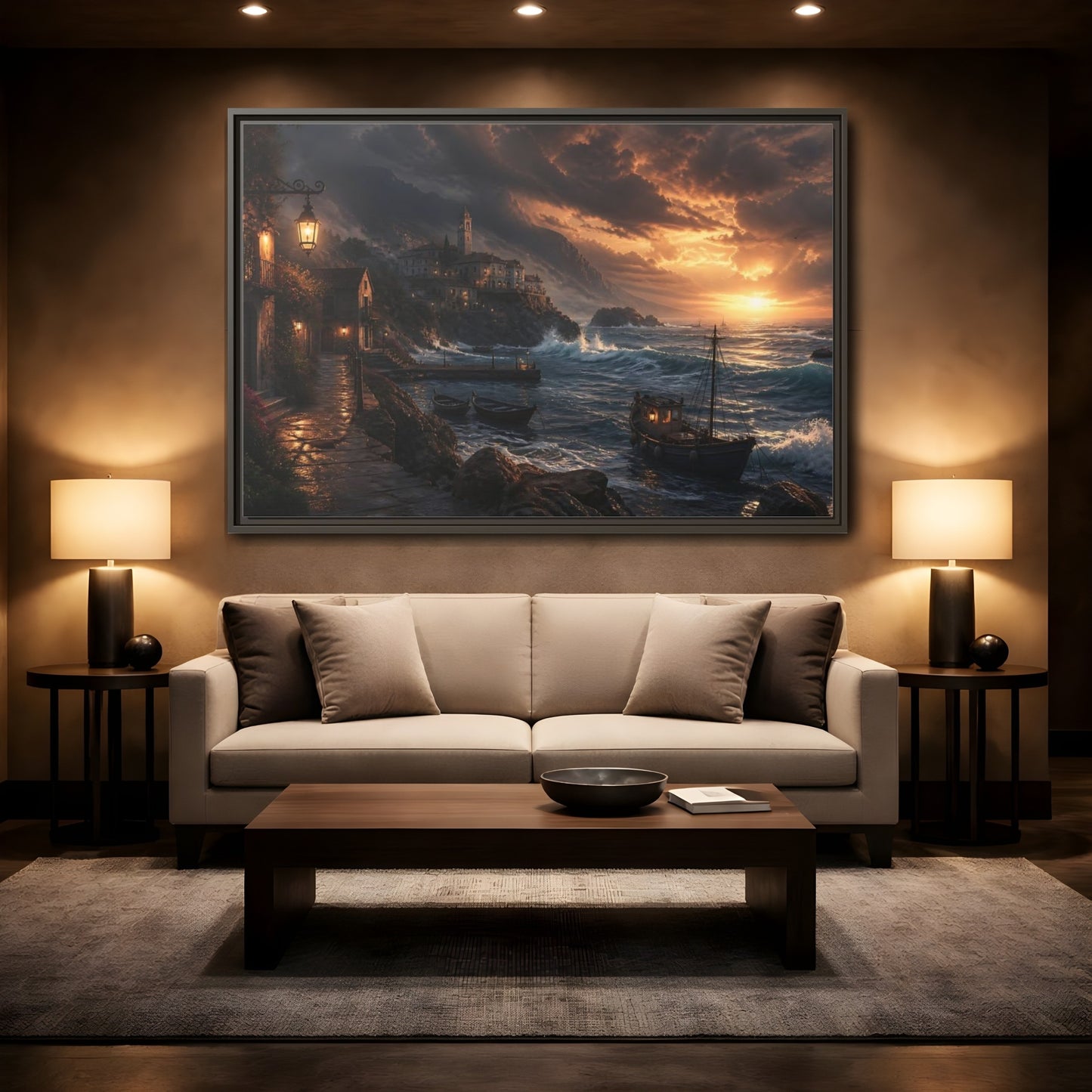 Mockup 2. Stormy Sunset Coastal Village shown as framed canvas print