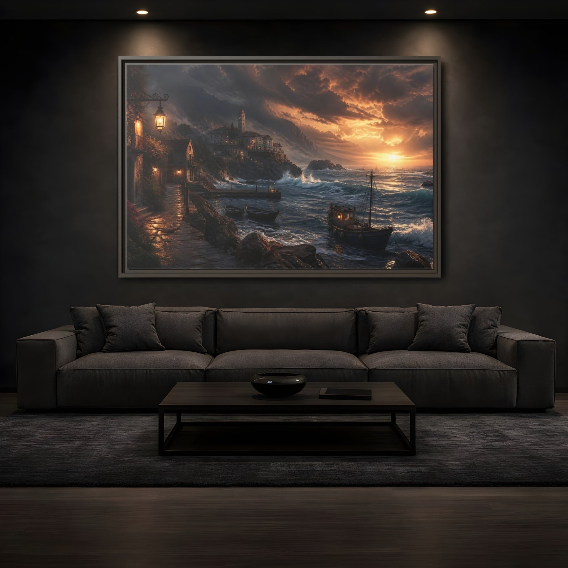Mockup 3. Stormy Sunset Coastal Village shown as framed canvas print